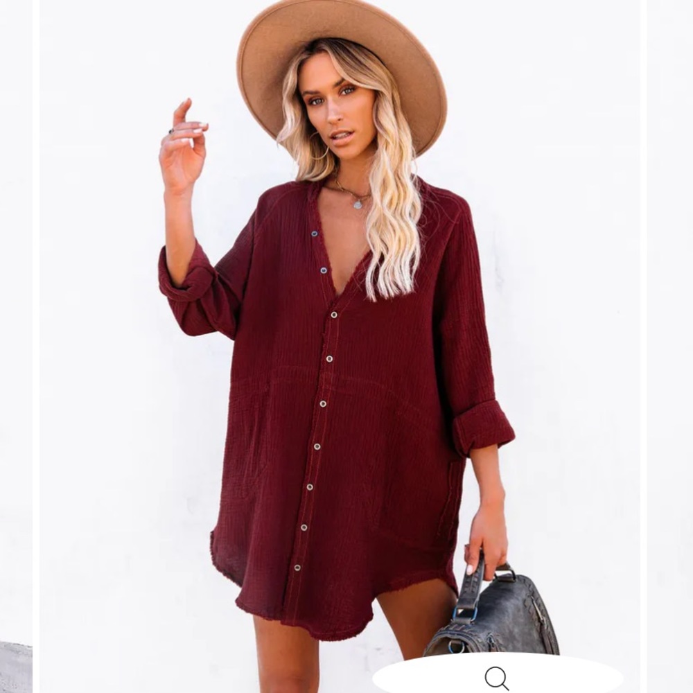KENNEDY COTTON POCKETED BUTTON DOWN TUNIC - WINE